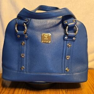 MCM Royal Blue Dome Satchel with Silver Hardware